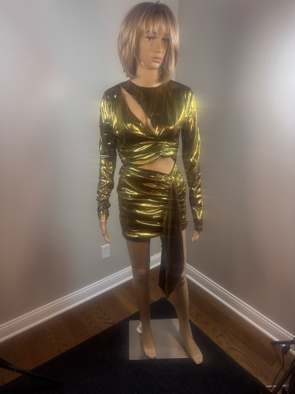 AKIRA Gold Metallic Ruched Cutout Mini Dress NWT Medium Party Dress - Picture 2 of 7